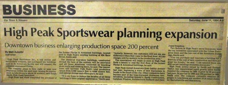 Newspaper clipping titled High Peak Sportswear planning expansion