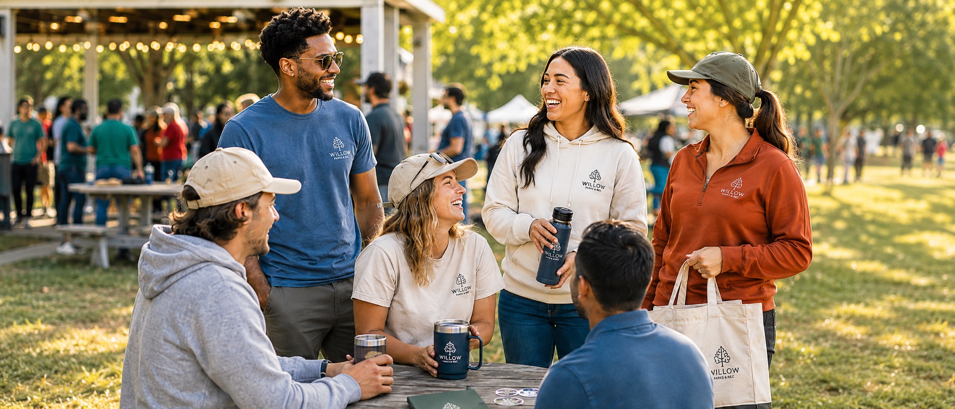 People wearing custom branded apparel at an outdoor event