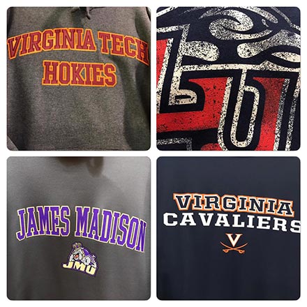Shirts for UVA, VT, JMU, and LU