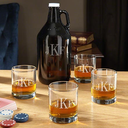 Initials on glasses and pitcher